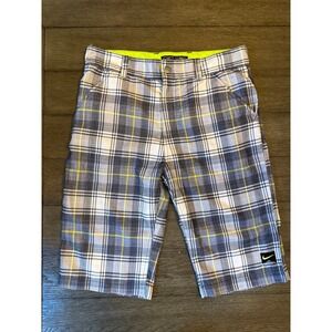 Nike Plaid Golf Shorts Mens 30 Grey White Neon Yellow Checkered Athletic Casual
